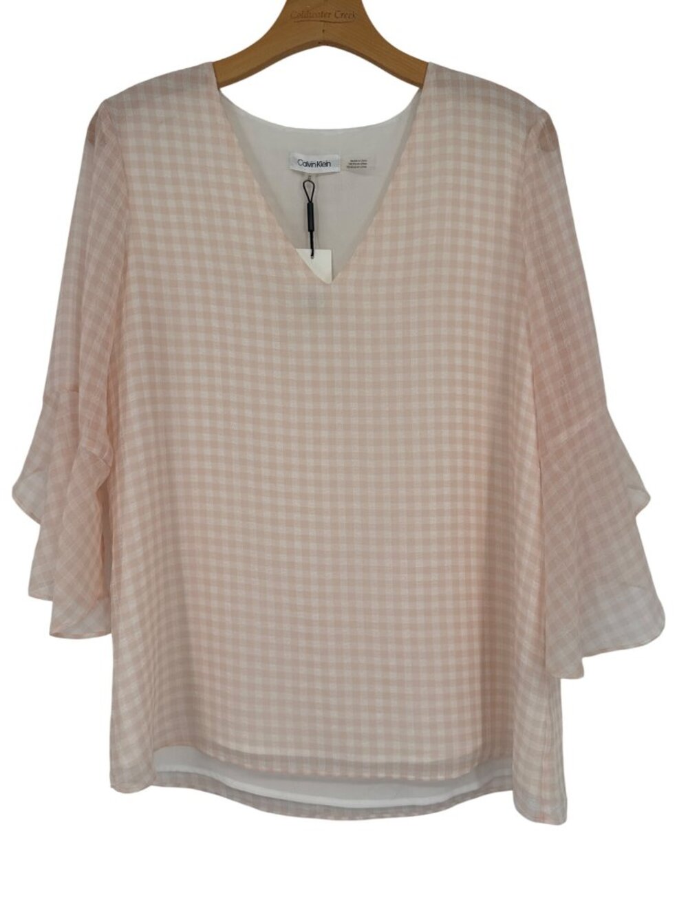 Calvin Klein Womens Bell Sleeve Blouse peach Gingham V-Neck size medium new $79